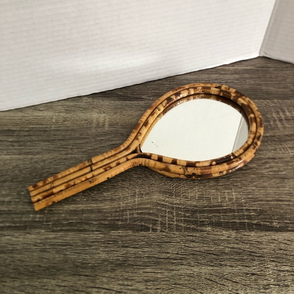 Vtg Burnt Bamboo Rattan Handheld Mirror